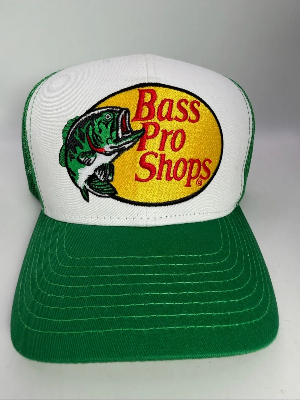 Bass Pro Shops Green White Yellow Embroidered Fish Logo Trucker Hat